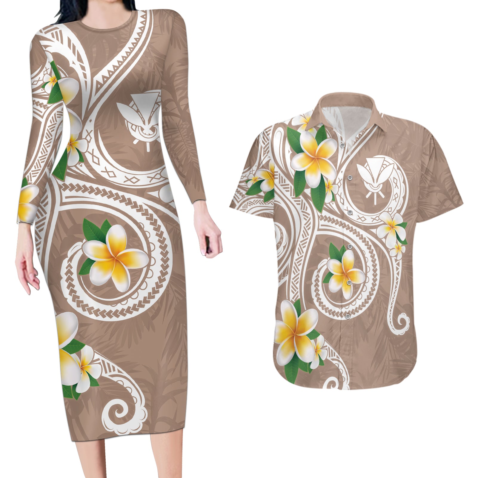 Kanaka Maoli Hawaii Plumeria Couples Matching Long Sleeve Bodycon Dress and Hawaiian Shirt Dancing Tentacles Beige Style