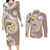 Kanaka Maoli Hawaii Plumeria Couples Matching Long Sleeve Bodycon Dress and Long Sleeve Button Shirt Dancing Tentacles Beige Style