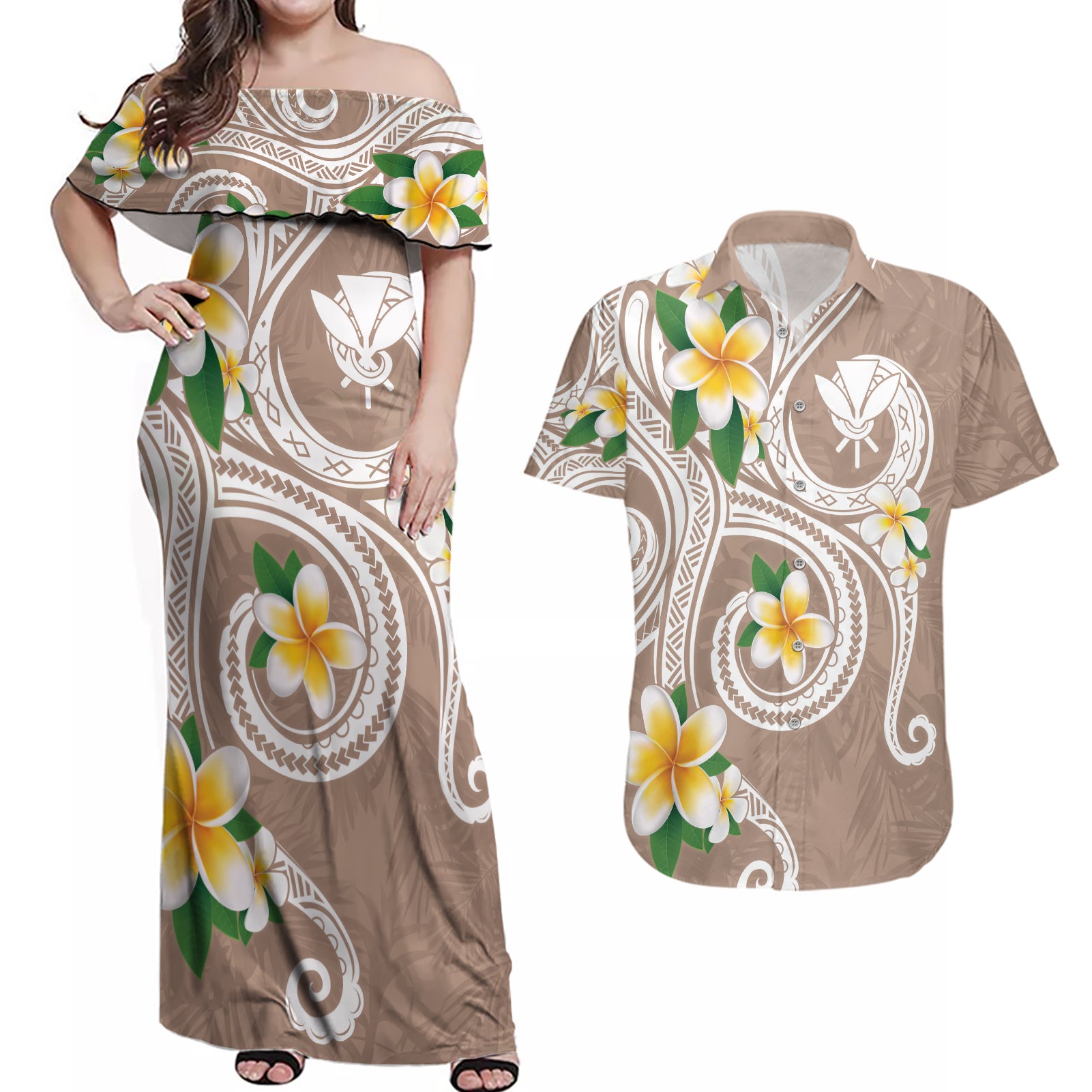 Kanaka Maoli Hawaii Plumeria Couples Matching Off Shoulder Maxi Dress and Hawaiian Shirt Dancing Tentacles Beige Style