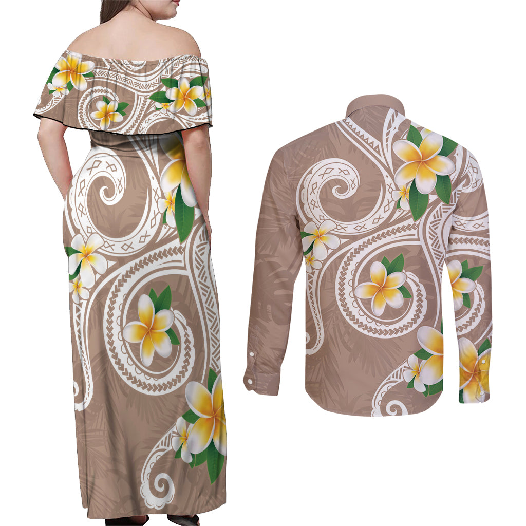Kanaka Maoli Hawaii Plumeria Couples Matching Off Shoulder Maxi Dress and Long Sleeve Button Shirt Dancing Tentacles Beige Style