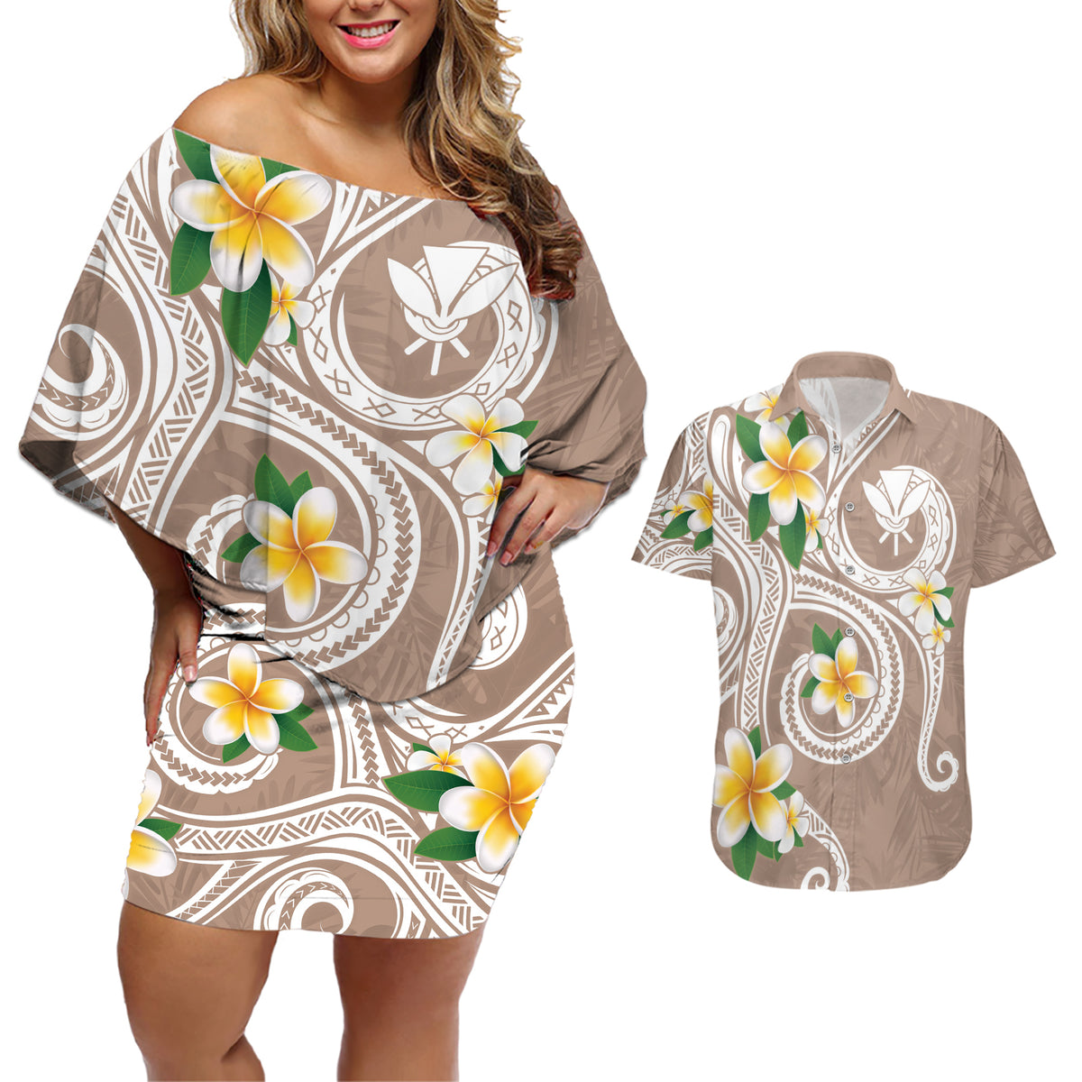 Kanaka Maoli Hawaii Plumeria Couples Matching Off Shoulder Short Dress and Hawaiian Shirt Dancing Tentacles Beige Style