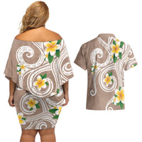 Kanaka Maoli Hawaii Plumeria Couples Matching Off Shoulder Short Dress and Hawaiian Shirt Dancing Tentacles Beige Style