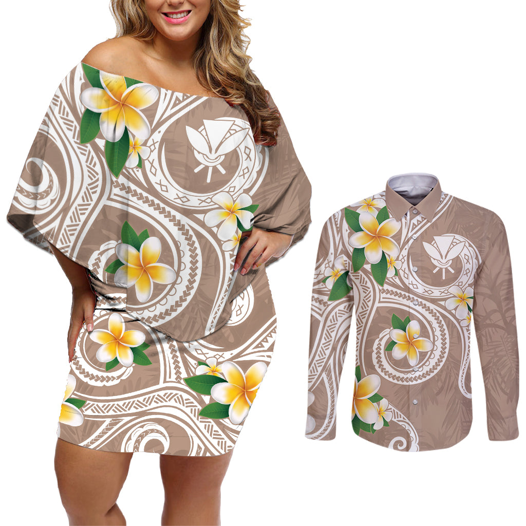 Kanaka Maoli Hawaii Plumeria Couples Matching Off Shoulder Short Dress and Long Sleeve Button Shirt Dancing Tentacles Beige Style