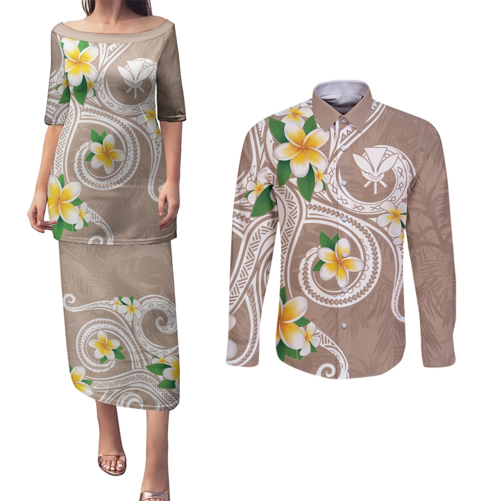 Kanaka Maoli Hawaii Plumeria Couples Matching Puletasi and Long Sleeve Button Shirt Dancing Tentacles Beige Style
