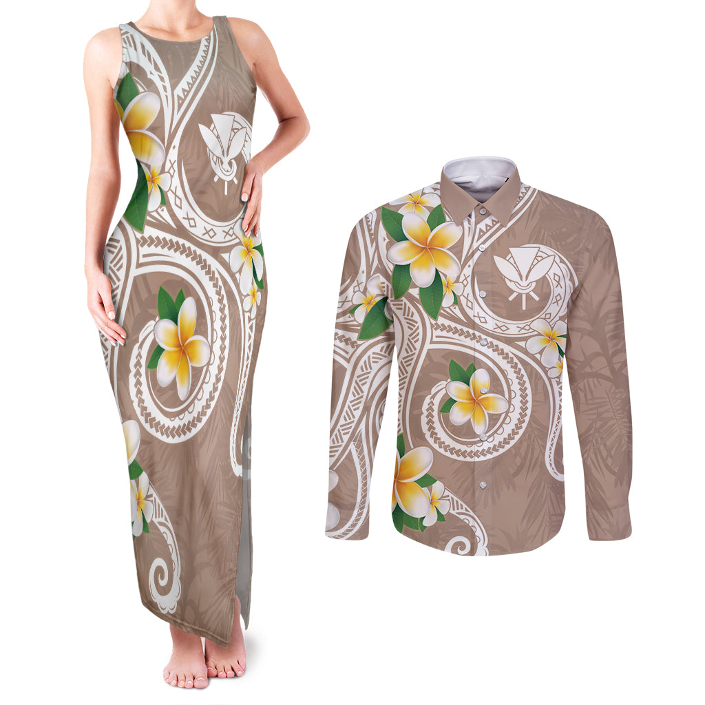Kanaka Maoli Hawaii Plumeria Couples Matching Tank Maxi Dress and Long Sleeve Button Shirt Dancing Tentacles Beige Style