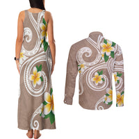 Kanaka Maoli Hawaii Plumeria Couples Matching Tank Maxi Dress and Long Sleeve Button Shirt Dancing Tentacles Beige Style
