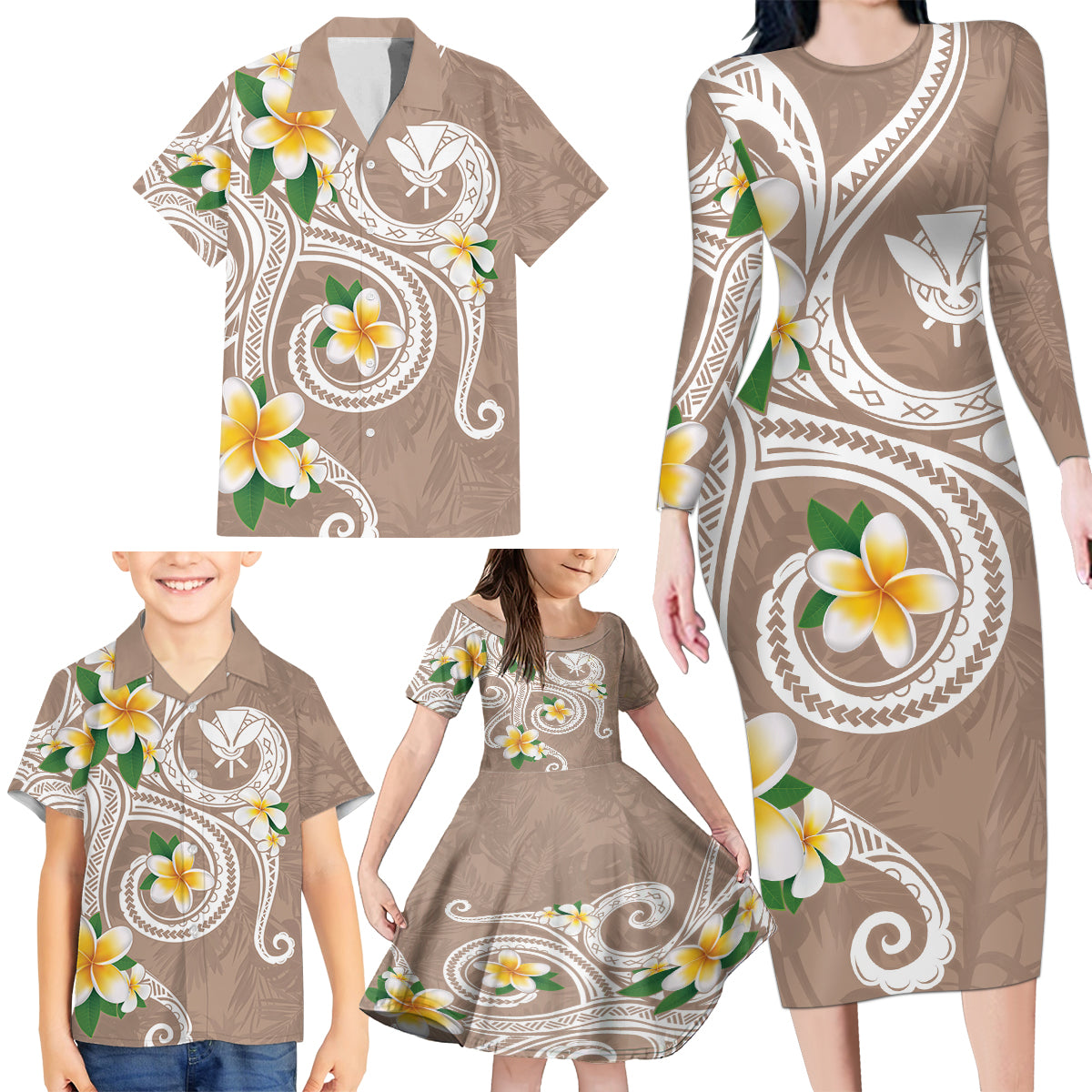 Kanaka Maoli Hawaii Plumeria Family Matching Long Sleeve Bodycon Dress and Hawaiian Shirt Dancing Tentacles Beige Style