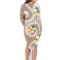 Kanaka Maoli Hawaii Plumeria Family Matching Long Sleeve Bodycon Dress and Hawaiian Shirt Dancing Tentacles Beige Style