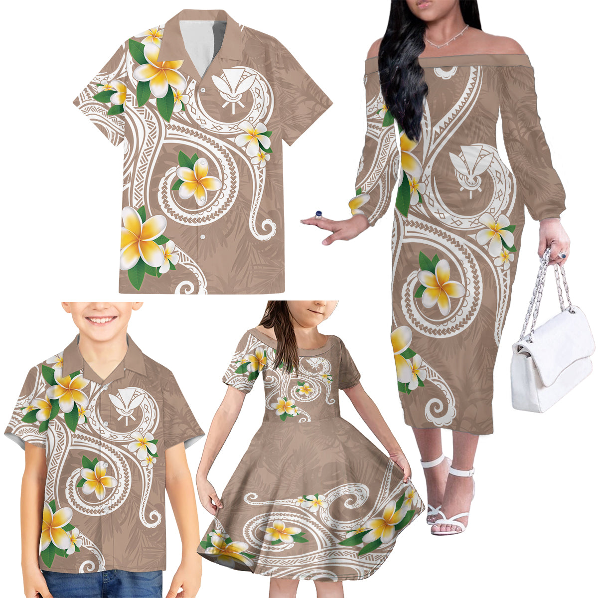 Kanaka Maoli Hawaii Plumeria Family Matching Off The Shoulder Long Sleeve Dress and Hawaiian Shirt Dancing Tentacles Beige Style