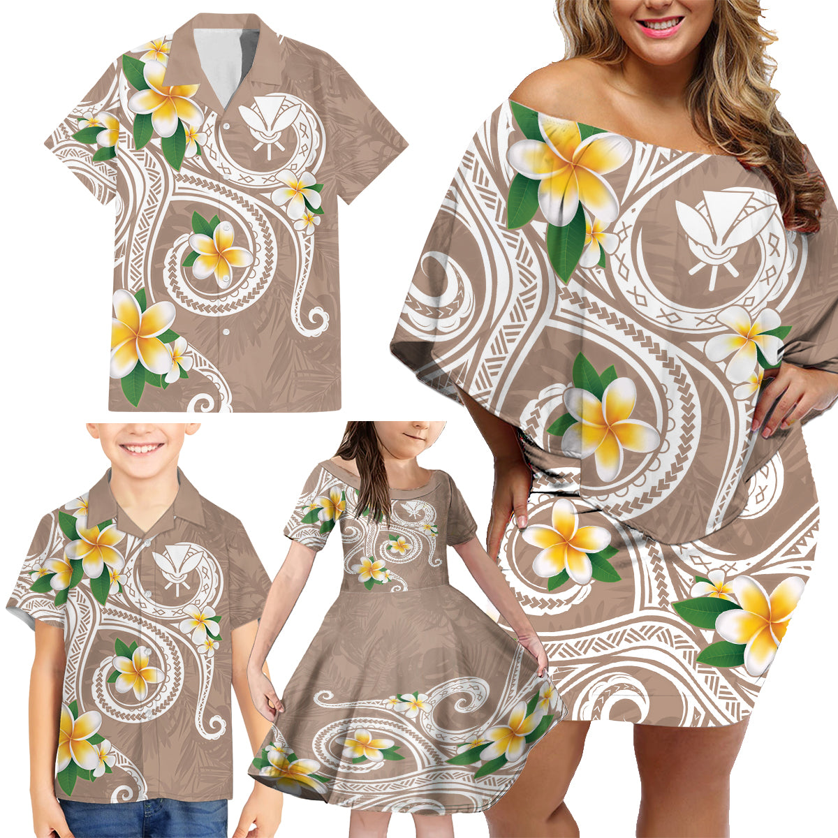 Kanaka Maoli Hawaii Plumeria Family Matching Off Shoulder Short Dress and Hawaiian Shirt Dancing Tentacles Beige Style