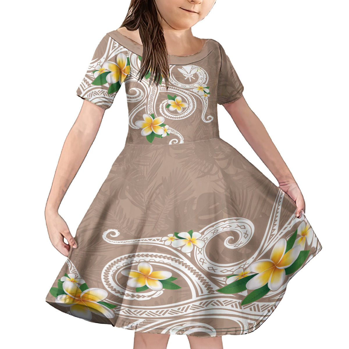 Kanaka Maoli Hawaii Plumeria Family Matching Summer Maxi Dress and Hawaiian Shirt Dancing Tentacles Beige Style