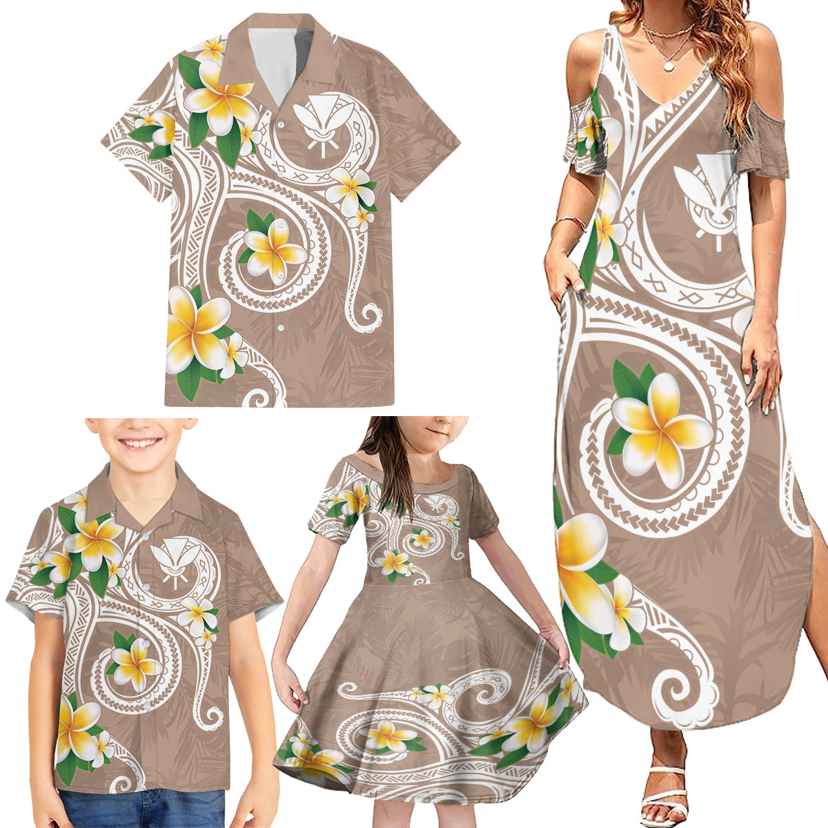 Kanaka Maoli Hawaii Plumeria Family Matching Summer Maxi Dress and Hawaiian Shirt Dancing Tentacles Beige Style