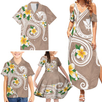 Kanaka Maoli Hawaii Plumeria Family Matching Summer Maxi Dress and Hawaiian Shirt Dancing Tentacles Beige Style