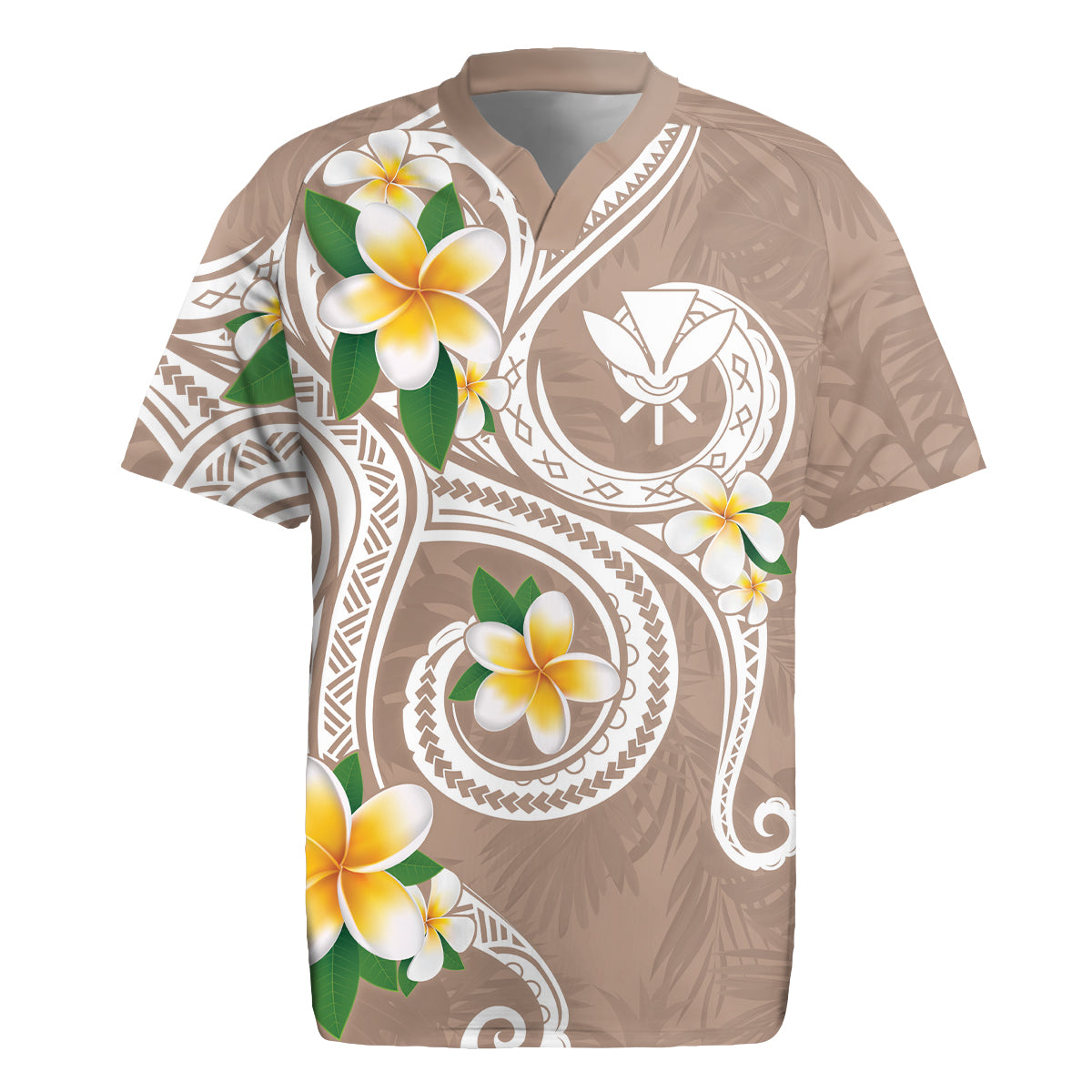 Kanaka Maoli Hawaii Plumeria Rugby Jersey Dancing Tentacles Beige Style