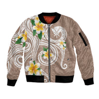 Kanaka Maoli Hawaii Plumeria Sleeve Zip Bomber Jacket Dancing Tentacles Beige Style