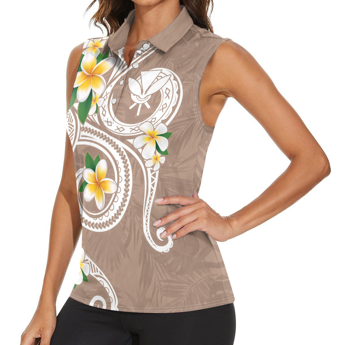 Kanaka Maoli Hawaii Plumeria Women Sleeveless Polo Shirt Dancing Tentacles Beige Style