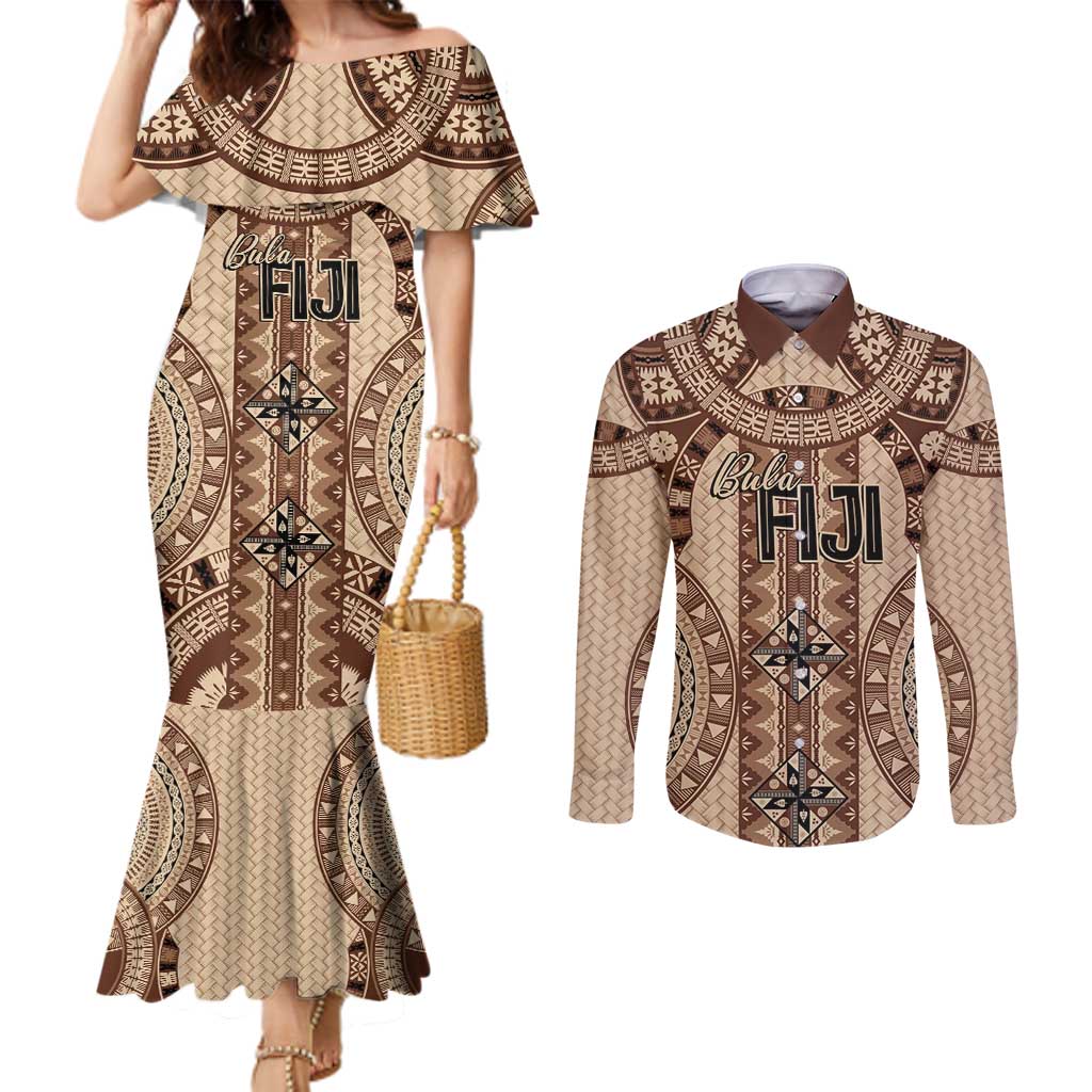 Bula Fiji Vintage Couples Matching Mermaid Dress and Long Sleeve Button Shirt Brown Masi Motifs