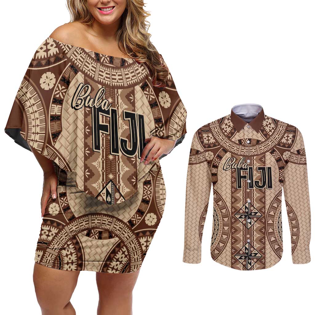 Bula Fiji Vintage Couples Matching Off Shoulder Short Dress and Long Sleeve Button Shirt Brown Masi Motifs