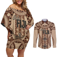 Bula Fiji Vintage Couples Matching Off Shoulder Short Dress and Long Sleeve Button Shirt Brown Masi Motifs