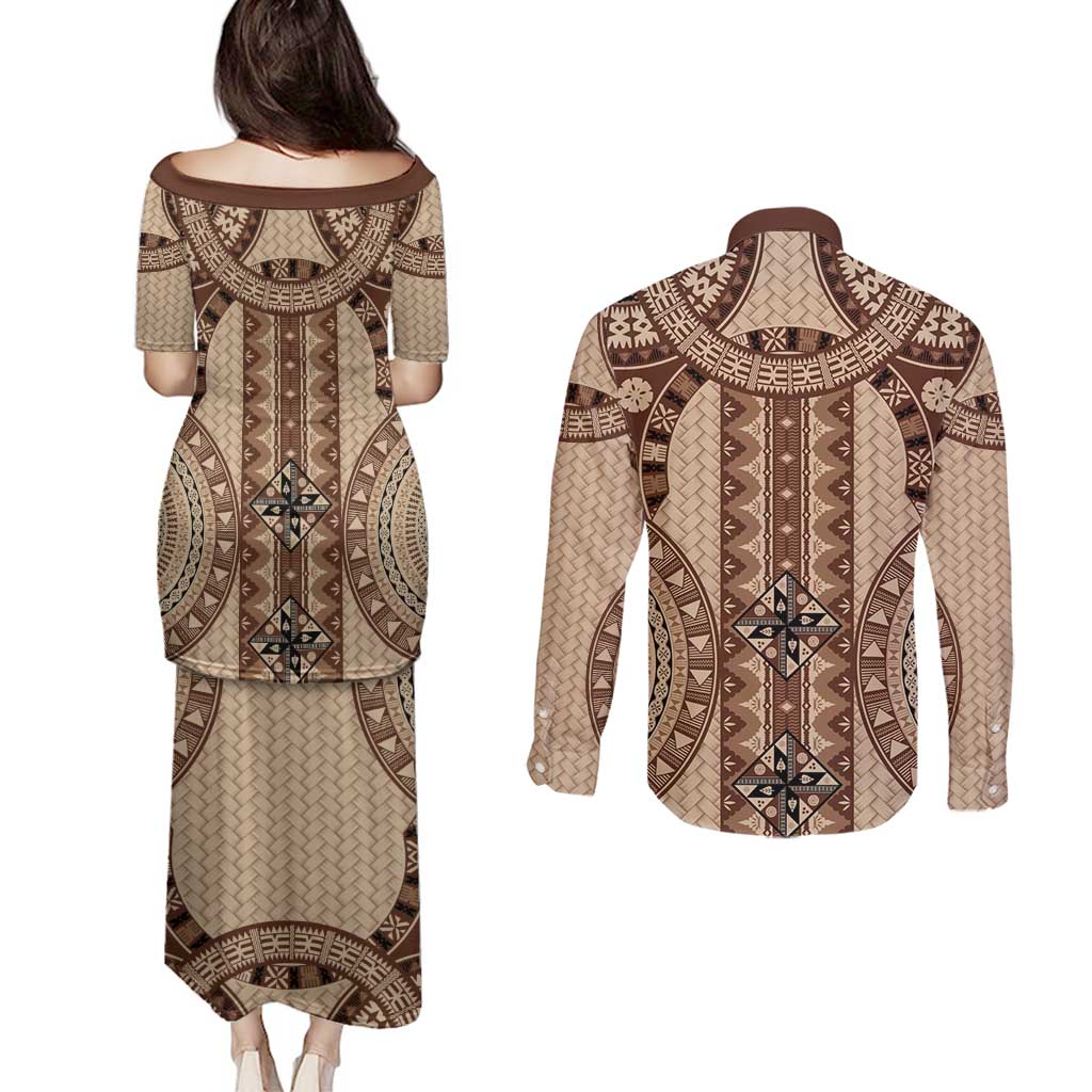 Bula Fiji Vintage Couples Matching Puletasi and Long Sleeve Button Shirt Brown Masi Motifs