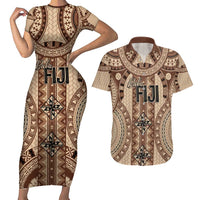 Bula Fiji Vintage Couples Matching Short Sleeve Bodycon Dress and Hawaiian Shirt Brown Masi Motifs