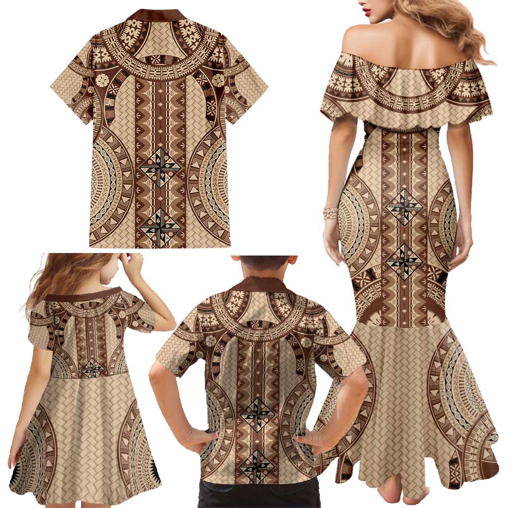 Bula Fiji Vintage Family Matching Mermaid Dress and Hawaiian Shirt Brown Masi Motifs