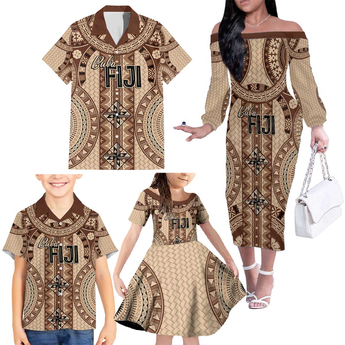 Bula Fiji Vintage Family Matching Off The Shoulder Long Sleeve Dress and Hawaiian Shirt Brown Masi Motifs