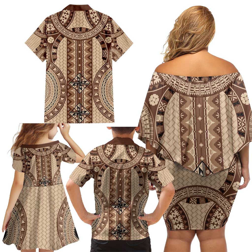 Bula Fiji Vintage Family Matching Off Shoulder Short Dress and Hawaiian Shirt Brown Masi Motifs