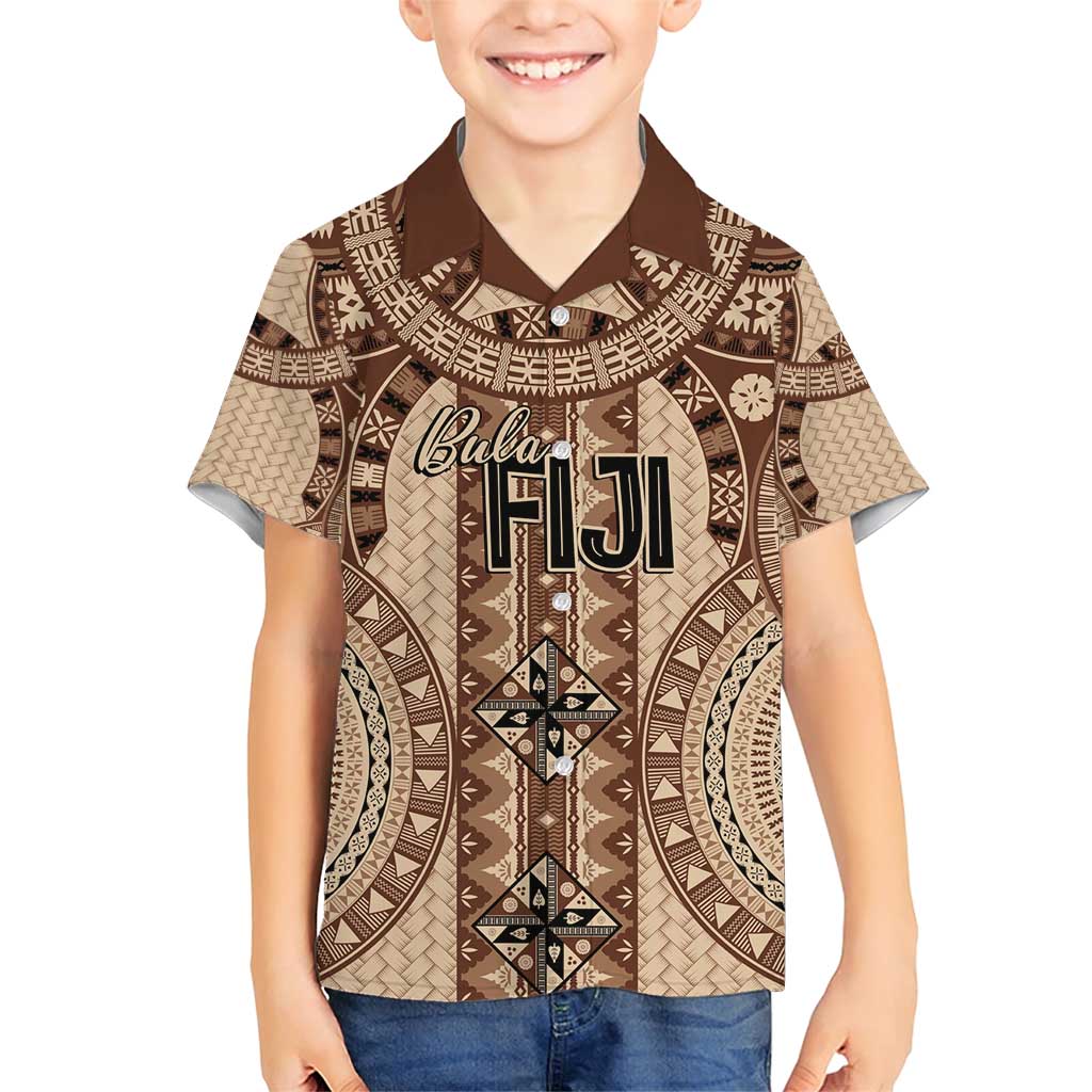 Bula Fiji Vintage Family Matching Short Sleeve Bodycon Dress and Hawaiian Shirt Brown Masi Motifs