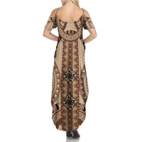 Bula Fiji Vintage Family Matching Summer Maxi Dress and Hawaiian Shirt Brown Masi Motifs