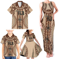 Bula Fiji Vintage Family Matching Tank Maxi Dress and Hawaiian Shirt Brown Masi Motifs