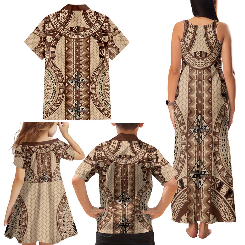Bula Fiji Vintage Family Matching Tank Maxi Dress and Hawaiian Shirt Brown Masi Motifs