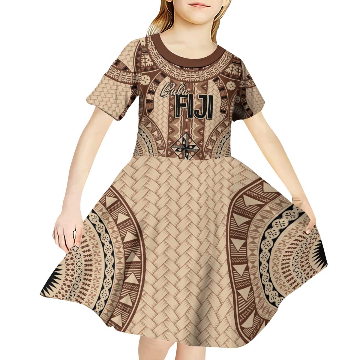Bula Fiji Vintage Kid Short Sleeve Dress Brown Masi Motifs