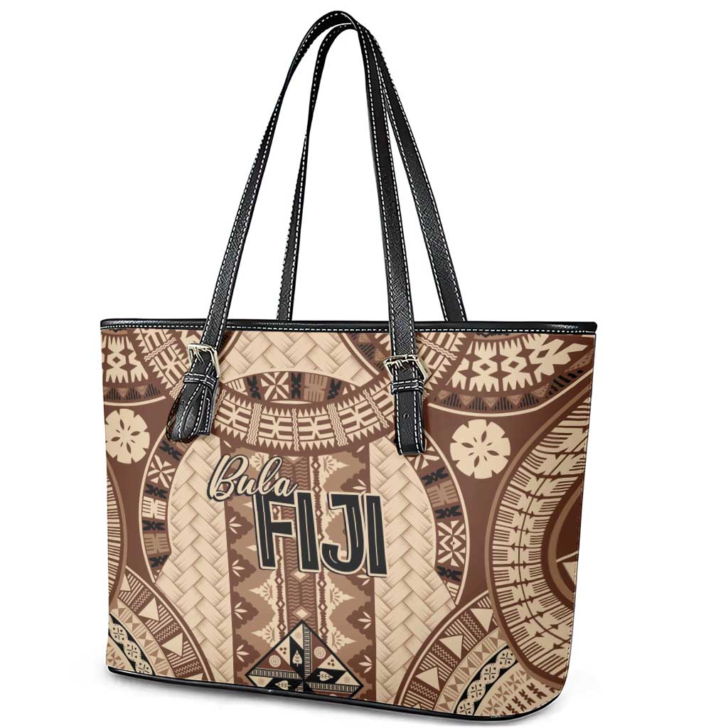 Bula Fiji Vintage Leather Tote Bag Brown Masi Motifs