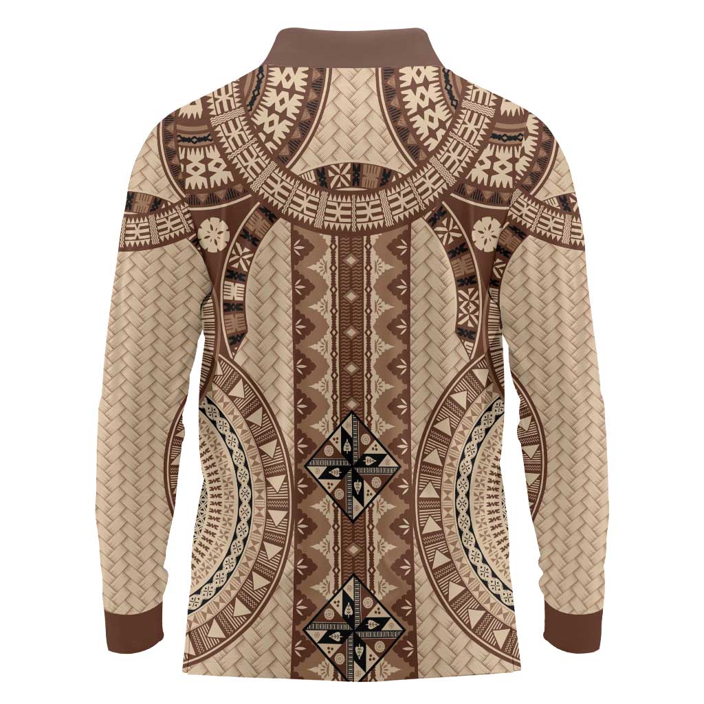 Bula Fiji Vintage Long Sleeve Polo Shirt Brown Masi Motifs