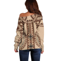 Bula Fiji Vintage Off Shoulder Sweater Brown Masi Motifs