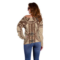 Bula Fiji Vintage Off Shoulder Sweater Brown Masi Motifs
