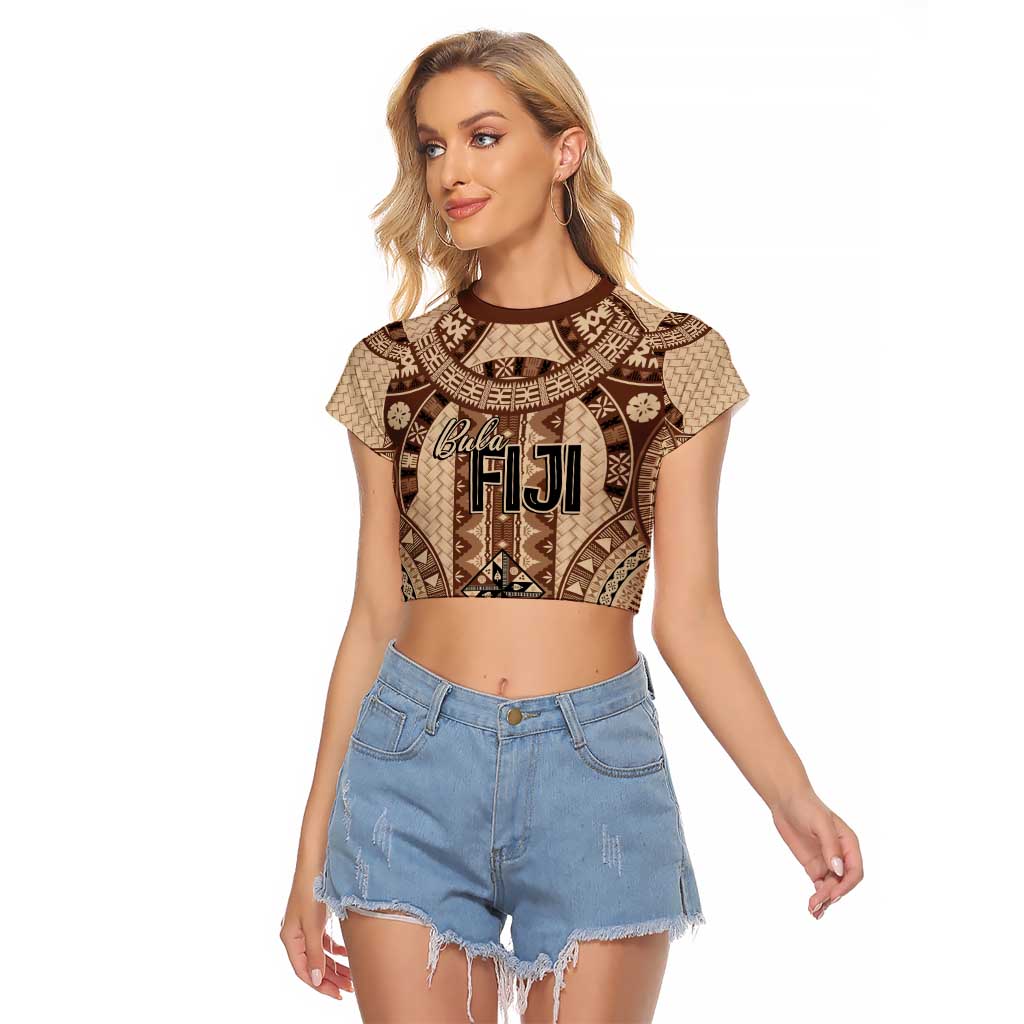 Bula Fiji Vintage Raglan Cropped T Shirt Brown Masi Motifs