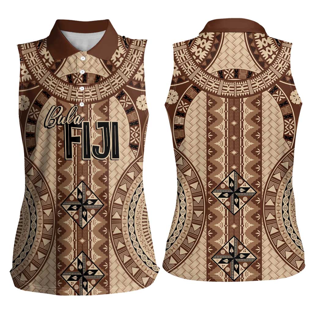 Bula Fiji Vintage Women Sleeveless Polo Shirt Brown Masi Motifs