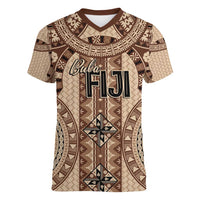 Bula Fiji Vintage Women V-Neck T-Shirt Brown Masi Motifs