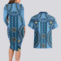 Bula Fiji Vintage Couples Matching Long Sleeve Bodycon Dress and Hawaiian Shirt Prussian Blue Masi Motifs