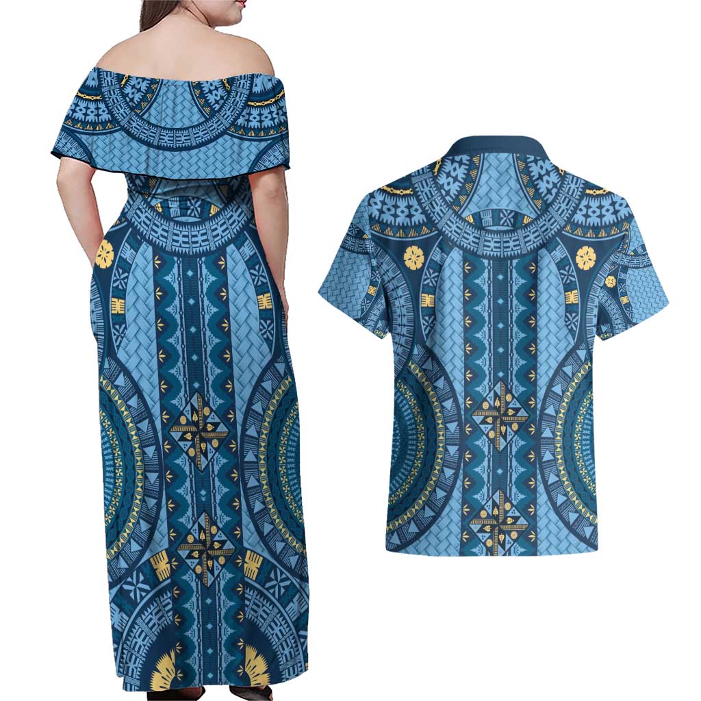 Bula Fiji Vintage Couples Matching Off Shoulder Maxi Dress and Hawaiian Shirt Prussian Blue Masi Motifs