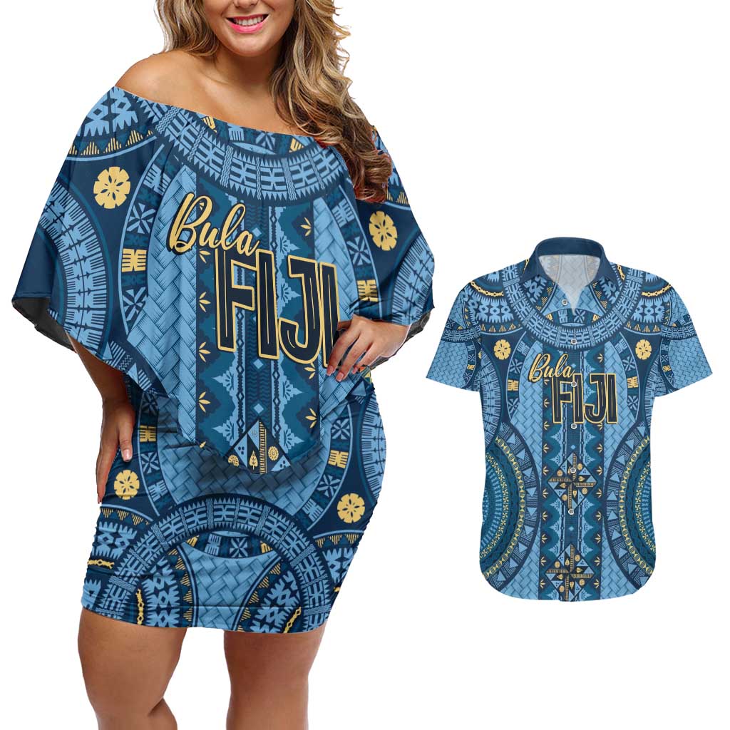 Bula Fiji Vintage Couples Matching Off Shoulder Short Dress and Hawaiian Shirt Prussian Blue Masi Motifs