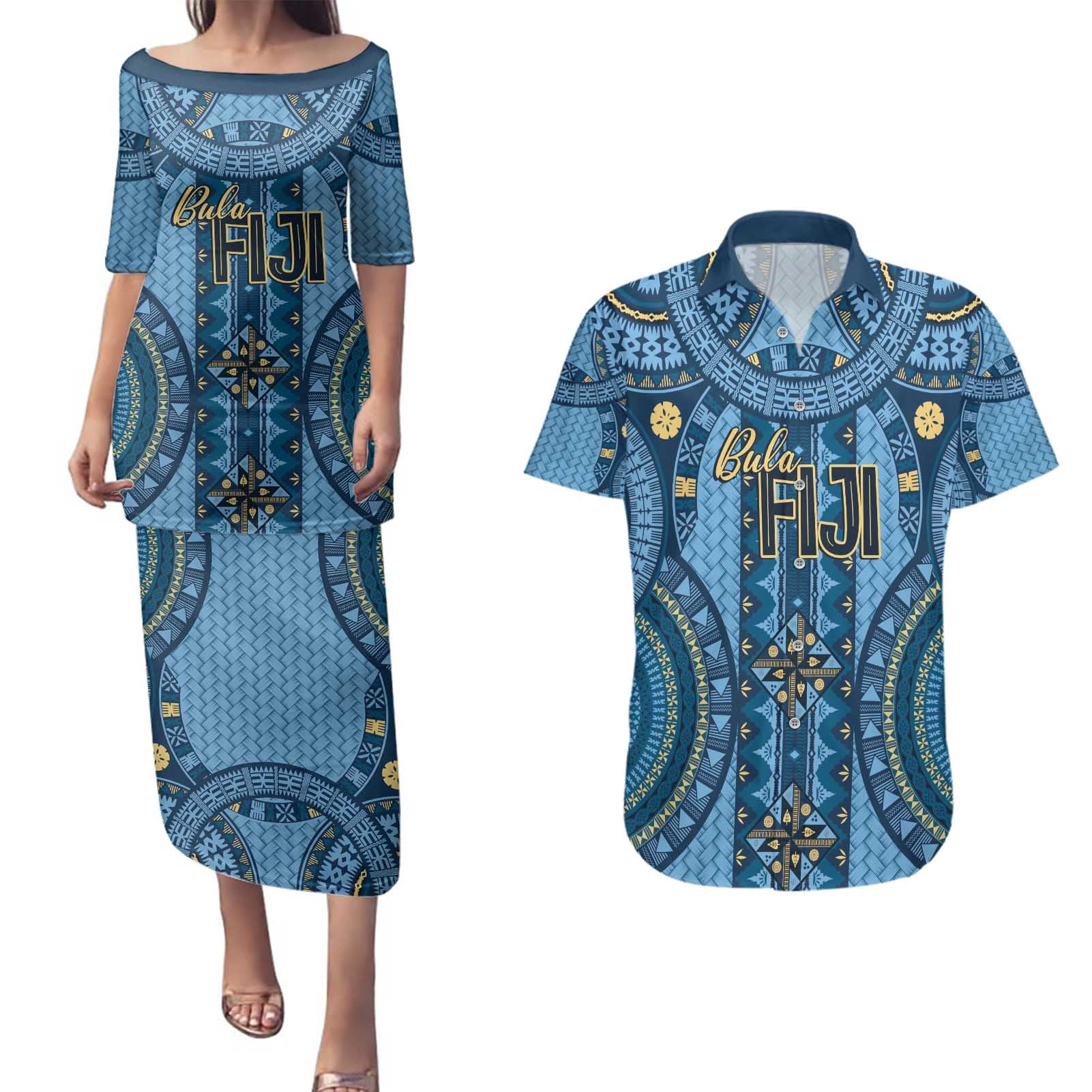 Bula Fiji Vintage Couples Matching Puletasi and Hawaiian Shirt Prussian Blue Masi Motifs