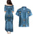 Bula Fiji Vintage Couples Matching Puletasi and Hawaiian Shirt Prussian Blue Masi Motifs