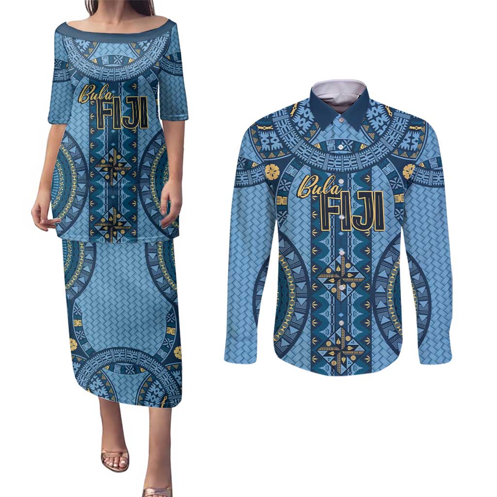Bula Fiji Vintage Couples Matching Puletasi and Long Sleeve Button Shirt Prussian Blue Masi Motifs