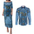 Bula Fiji Vintage Couples Matching Puletasi and Long Sleeve Button Shirt Prussian Blue Masi Motifs