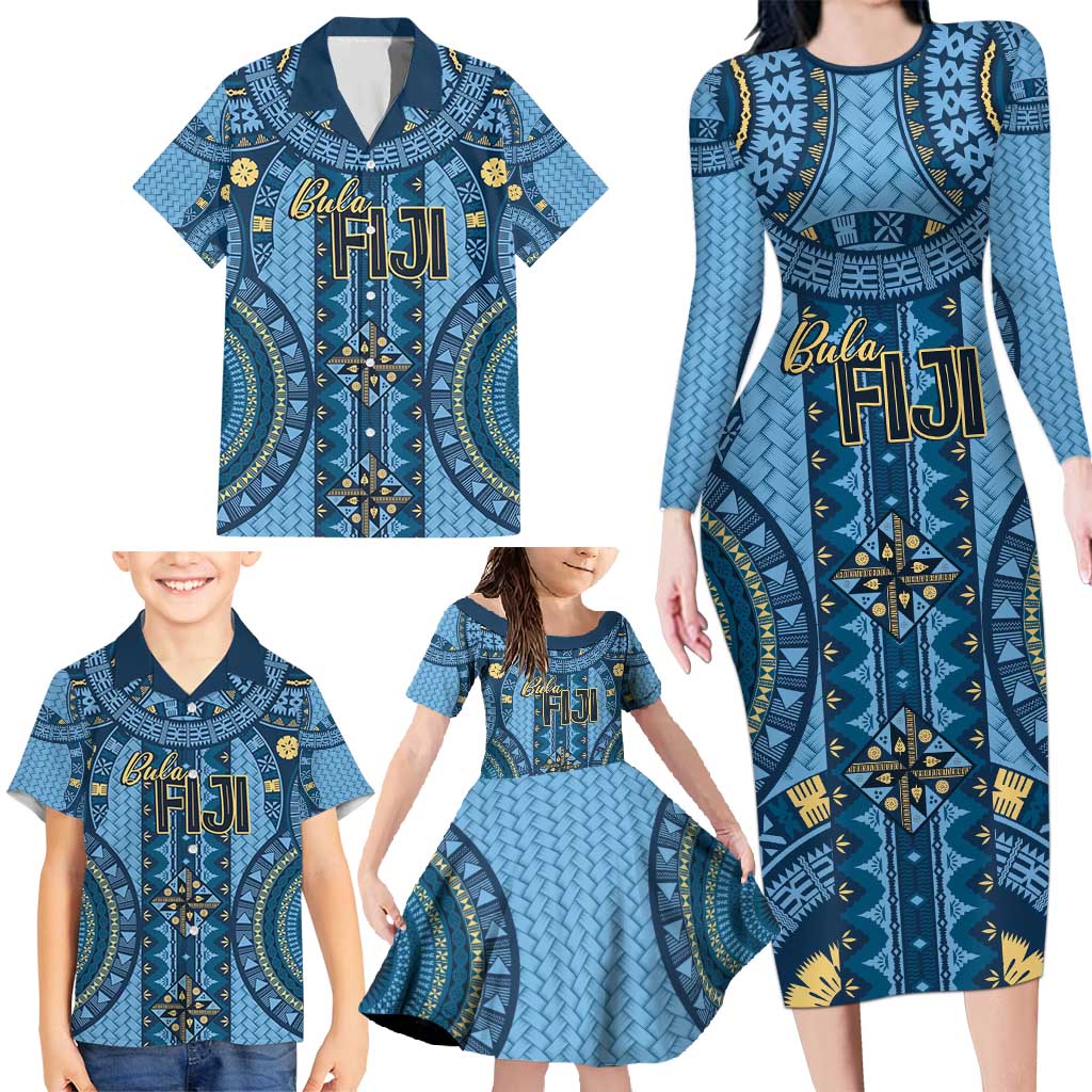 Bula Fiji Vintage Family Matching Long Sleeve Bodycon Dress and Hawaiian Shirt Prussian Blue Masi Motifs