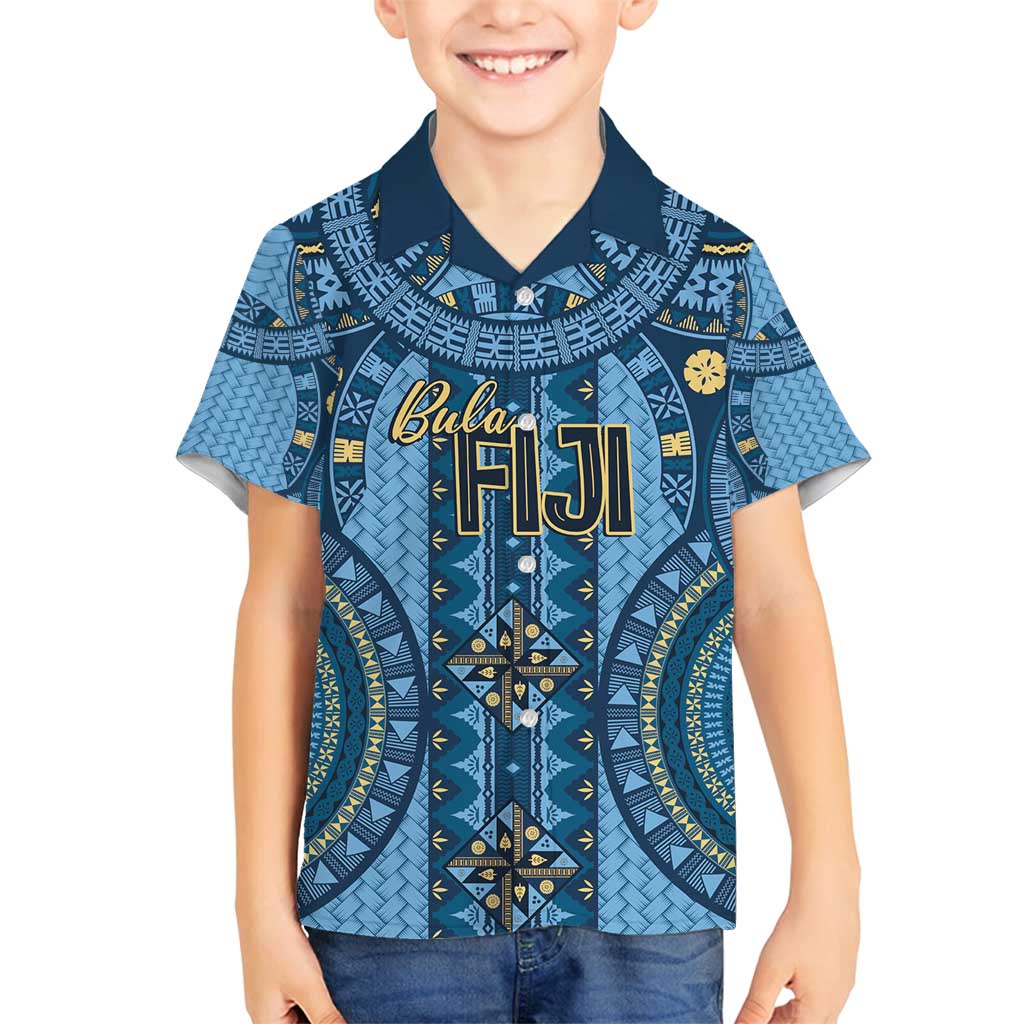 Bula Fiji Vintage Family Matching Long Sleeve Bodycon Dress and Hawaiian Shirt Prussian Blue Masi Motifs