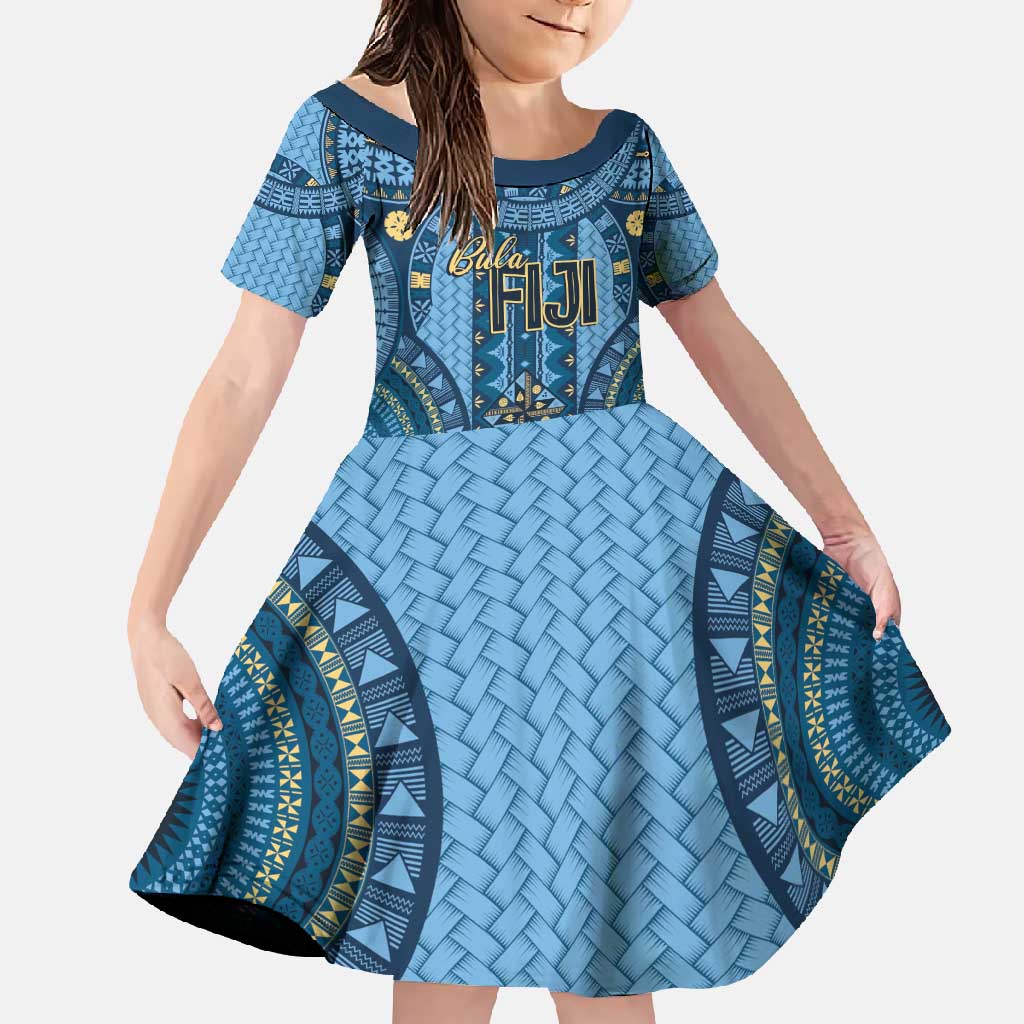 Bula Fiji Vintage Family Matching Mermaid Dress and Hawaiian Shirt Prussian Blue Masi Motifs